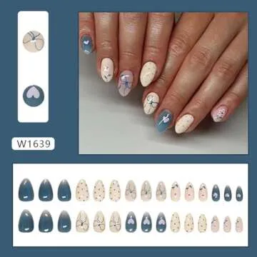 Cute Press on Nails Bow Fake Nails Medium Almond Glue on Nails Flower Heart Design Full Cover Acryli...