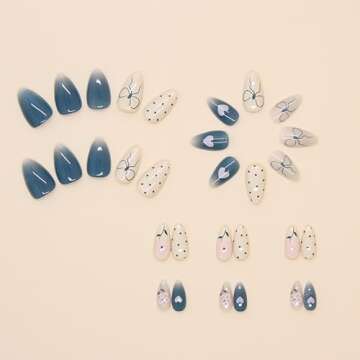 Cute Press on Nails Bow Fake Nails Medium Almond Glue on Nails Flower Heart Design Full Cover Acrylic Press on Nails Medium Length False Nails Glossy Stick on Nails for Women and Girls 24Pcs