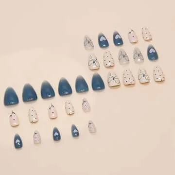 Cute Press on Nails Bow Fake Nails Medium Almond Glue on Nails Flower Heart Design Full Cover Acrylic Press on Nails Medium Length False Nails Glossy Stick on Nails for Women and Girls 24Pcs