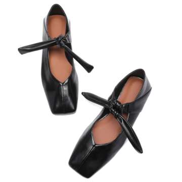 VOLEECE Black Bow Ballet Flats Shoes for Women Bow Tie Slip On Mary Jane Flats Square Toe Casual Dress Ballerina Shoes