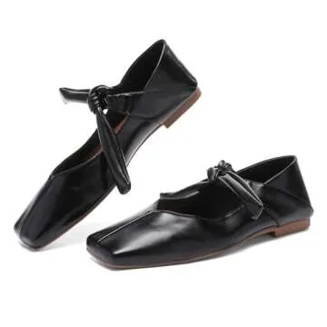 VOLEECE Black Bow Ballet Flats Shoes for Women Bow Tie Slip On Mary Jane Flats Square Toe Casual Dress Ballerina Shoes