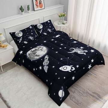 Datura home Kids Comforter Set Astronaut Space Rocket Printed Pattern Quilt Bedding Set with 1 Comfo...