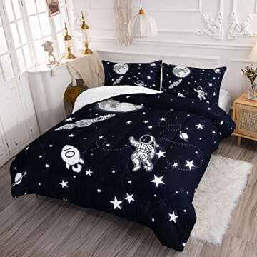 Datura home Kids Comforter Set Astronaut Space Rocket Printed Pattern Quilt Bedding Set with 1 Comforter and 2 Pillowcases for Girls Bedroom All Season(Space Rocket Twin), Twin 68x86inches