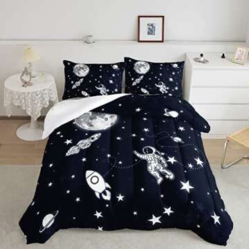 Datura home Kids Comforter Set Astronaut Space Rocket Printed Pattern Quilt Bedding Set with 1 Comforter and 2 Pillowcases for Girls Bedroom All Season(Space Rocket Twin), Twin 68x86inches