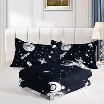 Datura home Kids Comforter Set Astronaut Space Rocket Printed Pattern Quilt Bedding Set with 1 Comforter and 2 Pillowcases for Girls Bedroom All Season(Space Rocket Twin), Twin 68x86inches
