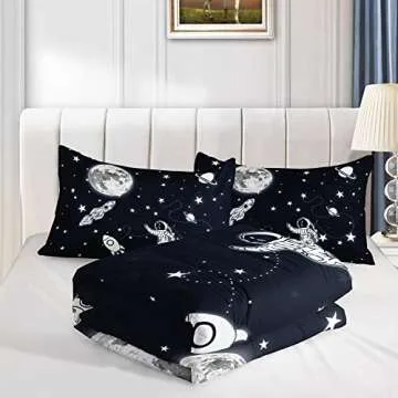 Datura home Kids Comforter Set Astronaut Space Rocket Printed Pattern Quilt Bedding Set with 1 Comforter and 2 Pillowcases for Girls Bedroom All Season(Space Rocket Twin), Twin 68x86inches