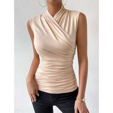 SweatyRocks Women's Ruched Wrap Mock Neck Tank Tops Casual Sleeveless Solid Slim Fit Tank Top Apricot S