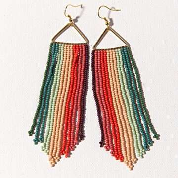 INK + ALLOY Women's Pink Port Mint Teal Stripe Fringe Seed Bead Earrings on Brass Triangles Handmade Jewelry for the Modern Bohemian, 4.5-Inches