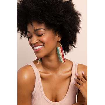 INK + ALLOY Women's Pink Port Mint Teal Stripe Fringe Seed Bead Earrings on Brass Triangles Handmade Jewelry for the Modern Bohemian, 4.5-Inches