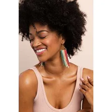 INK + ALLOY Women's Pink Port Mint Teal Stripe Fringe Seed Bead Earrings on Brass Triangles Handmade Jewelry for the Modern Bohemian, 4.5-Inches