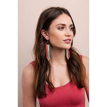 INK + ALLOY Women's Pink Port Mint Teal Stripe Fringe Seed Bead Earrings on Brass Triangles Handmade Jewelry for the Modern Bohemian, 4.5-Inches