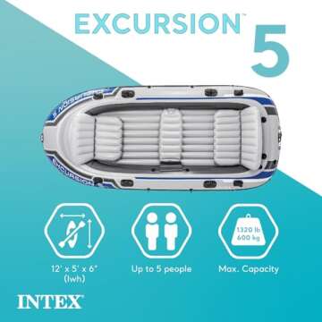 Intex Excursion 5 Person Inflatable Boat, Water Fishing River Raft Set w/Oars - Large 1,300 Lb Capac...