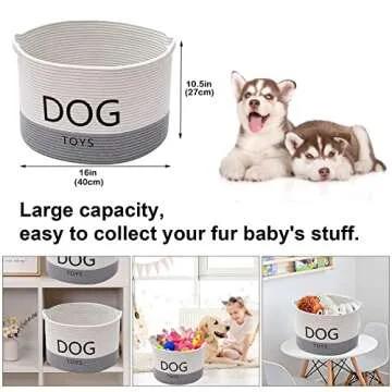 Morezi Durable Rope Round Dog Toy Basket with Handle, Large Dog bin - Perfect for organizing pet Toys, Blankets, leashes - WhiteGray
