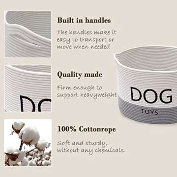 Morezi Durable Rope Round Dog Toy Basket with Handle, Large Dog bin - Perfect for organizing pet Toys, Blankets, leashes - WhiteGray