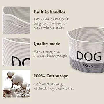 Morezi Durable Rope Round Dog Toy Basket with Handle, Large Dog bin - Perfect for organizing pet Toys, Blankets, leashes - WhiteGray