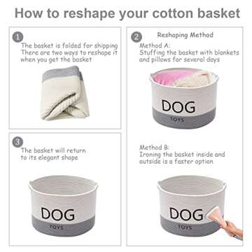 Morezi Durable Rope Round Dog Toy Basket with Handle, Large Dog bin - Perfect for organizing pet Toys, Blankets, leashes - WhiteGray