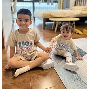 BOUTIKOME Toddler Baby 4th of July Outfit Boy Girl Oversized Romper USA Shirts Shorts Set American Flag Matching Clothes(Khaki-1,18-24M)