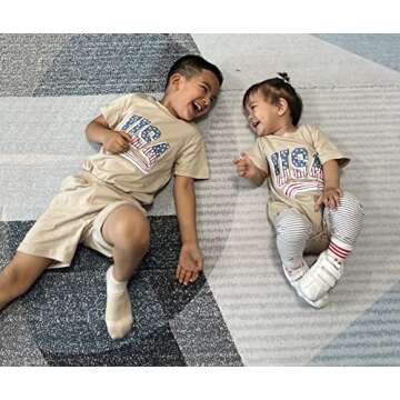 BOUTIKOME Toddler Baby 4th of July Outfit Boy Girl Oversized Romper USA Shirts Shorts Set American Flag Matching Clothes(Khaki-1,18-24M)