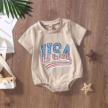 BOUTIKOME Toddler Baby 4th of July Outfit Boy Girl Oversized Romper USA Shirts Shorts Set American Flag Matching Clothes(Khaki-1,18-24M)