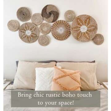 ChicnChill Rustic Wall Basket Decor - Set 4 of Woven Basket Wall Decor with African Design, Decorative Rattan Wall Decor - Gift Idea for Mom and Dad