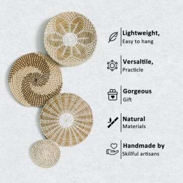 ChicnChill Rustic Wall Basket Decor - Set 4 of Woven Basket Wall Decor with African Design, Decorative Rattan Wall Decor - Gift Idea for Mom and Dad