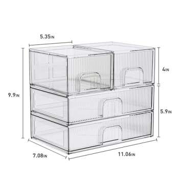 ZHIAI Stackable Storage Box, Acrylic Organizer, Cosmetic Organizer for Cosmetics and Beauty Products for Dressers, Bathrooms, Cabinets, Bedrooms and Home Organization 4 Piece Set