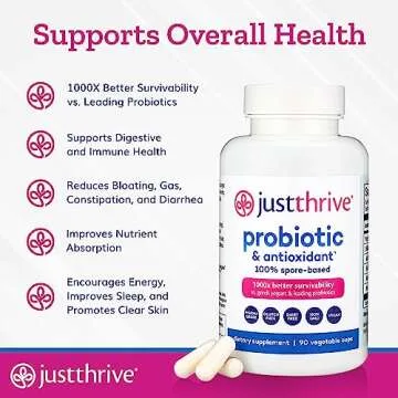 Just Thrive Probiotic & Antioxidant Supplement - 100% Spore-Based Digestive and Immune Support - Gluten Free, 90 Caps