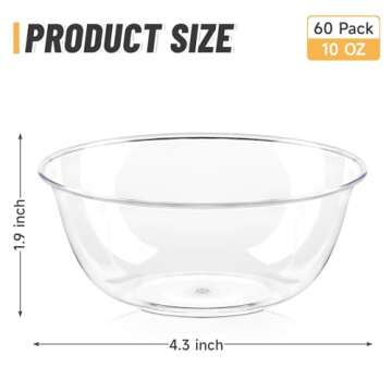 Qeirudu 10 oz Small Clear Plastic Bowls, 60 Pack Disposable Hard Plastic Salad Bowls Party Serving B...
