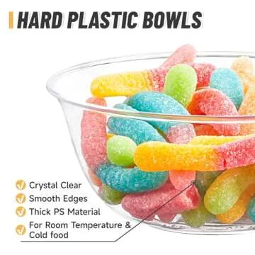 Qeirudu 10 oz Small Clear Plastic Bowls, 60 Pack Disposable Hard Plastic Salad Bowls Party Serving Bowls for Ice Creams, Fruit, Desserts, Parfaits, Snacks