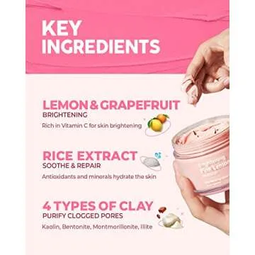 GLAM UP Brightening Pink Lemon Clay Mask - Vitamin C, Bentonite and Kaolin Clay Face Mask for Dark Spots- Deep Cleansing Pink Clay Mask for Face and Body - Vegan, Cruelty Free (125ml/4.23 Oz)