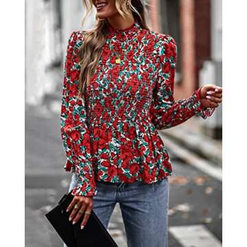 PRETTYGARDEN Women's Tops Casual Long Sleeve Crewneck Floral Print Smocked Ruffle Hem Slim Babydoll ...