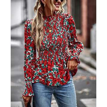 PRETTYGARDEN Women's Tops Casual Long Sleeve Crewneck Floral Print Smocked Ruffle Hem Slim Babydoll Blouse Shirt Tunics(Floral Print Red,Medium)