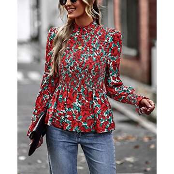 PRETTYGARDEN Women's Tops Casual Long Sleeve Crewneck Floral Print Smocked Ruffle Hem Slim Babydoll Blouse Shirt Tunics(Floral Print Red,Medium)