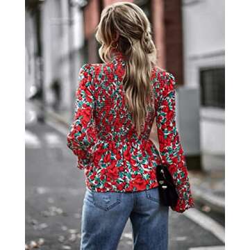 PRETTYGARDEN Women's Tops Casual Long Sleeve Crewneck Floral Print Smocked Ruffle Hem Slim Babydoll Blouse Shirt Tunics(Floral Print Red,Medium)