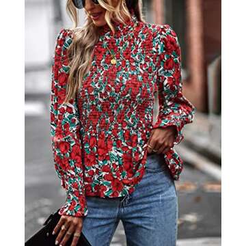 PRETTYGARDEN Women's Tops Casual Long Sleeve Crewneck Floral Print Smocked Ruffle Hem Slim Babydoll Blouse Shirt Tunics(Floral Print Red,Medium)