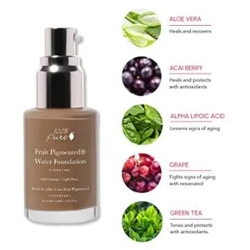 100% PURE Water Foundation Full Coverage Hydrating Makeup, Light Dewy Finish, Moisturizing Concealer for Normal to Dry Skin - Fruit Pigment Color Warm 7.0 w/Yellow Undertones for Dark Skin - 1 Fl Oz