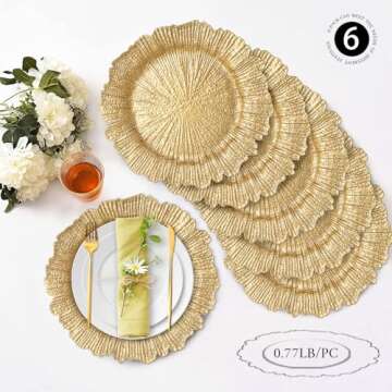 MAONAME Round 13" Gold Charger Plates, Set of 6, Reef Plate Chargers for Dinner Plates, Plastic Tabl...