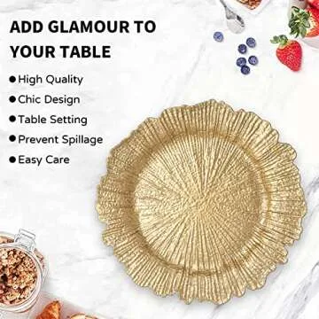 MAONAME Round 13" Gold Charger Plates, Set of 6, Reef Plate Chargers for Dinner Plates, Plastic Table Chargers for Wedding, Thanksgiving, Christmas