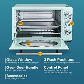 Elite Gourmet Americana 50's Vintage Retro Toaster Oven - 1500W, Mint, Adjustable Timer