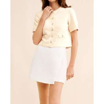 EZAPINE Women Short Sleeve Tweed Jacket Cropped Elegant Pearl Button Down Crew Neck Top Office Busin...