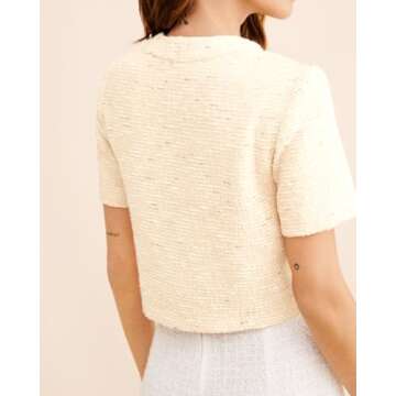 EZAPINE Women Short Sleeve Tweed Jacket Cropped Elegant Pearl Button Down Crew Neck Top Office Business Blazer Yellow XL