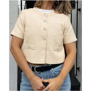 EZAPINE Women Short Sleeve Tweed Jacket Cropped Elegant Pearl Button Down Crew Neck Top Office Business Blazer Yellow XL