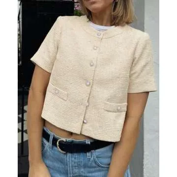 EZAPINE Women Short Sleeve Tweed Jacket Cropped Elegant Pearl Button Down Crew Neck Top Office Business Blazer Yellow XL