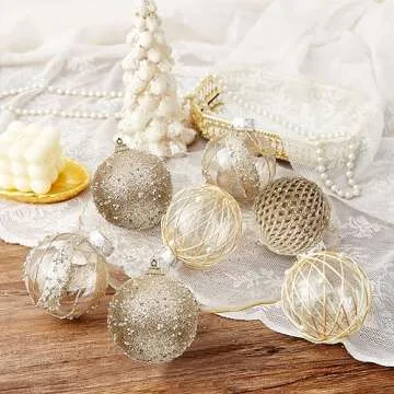 80mm/3.15" Christmas Ball Ornaments - 9pcs Large Shatterproof Foam Christmas Tree Decorations, Clear Plastic Glitter Hanging Balls for Xmas Holiday Party Home Decor (Champagne)