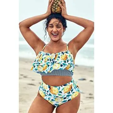CUPSHE Plus Size Leaf Lemon Ruffles Swimsuit in Unique Print