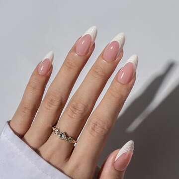 BTArtbox French Tip Press On Nails - Almond Press On Nails Medium with 3D Sculpting French Design, Supremely Fit & Glossy Glue On Nails in 15 Sizes, Pine Tree