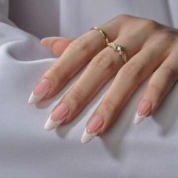 BTArtbox French Tip Press On Nails - Almond Press On Nails Medium with 3D Sculpting French Design, Supremely Fit & Glossy Glue On Nails in 15 Sizes, Pine Tree