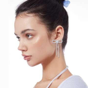 COORWEEL Large Silver Rhinestone Bow Dangle Earrings for Women Cubic Zircon Bow Statement Earrings for Wedding Bridal Prom Jewelry