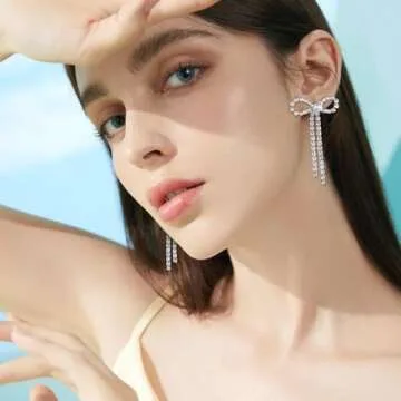 COORWEEL Large Silver Rhinestone Bow Dangle Earrings for Women Cubic Zircon Bow Statement Earrings for Wedding Bridal Prom Jewelry
