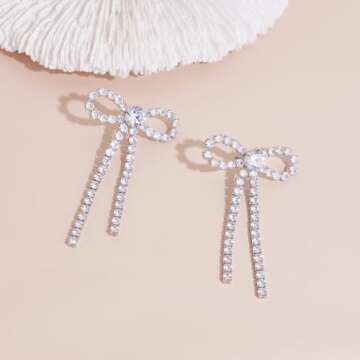 COORWEEL Large Silver Rhinestone Bow Dangle Earrings for Women Cubic Zircon Bow Statement Earrings for Wedding Bridal Prom Jewelry